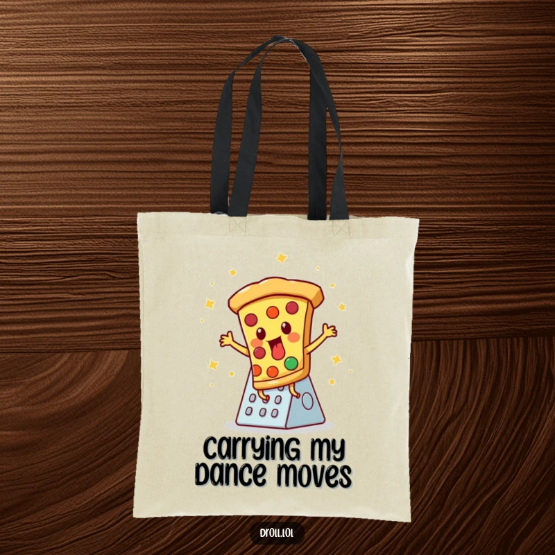 Funny tote bag: A pizza slice in mid-disco dance on a cheese grater, perfect for carrying essentials with flair.