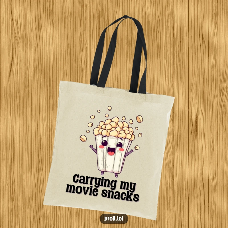 Funny tote bag with a mischievous popcorn bag character bursting with kernels, carrying excitement and humor, an excellent funny gift.