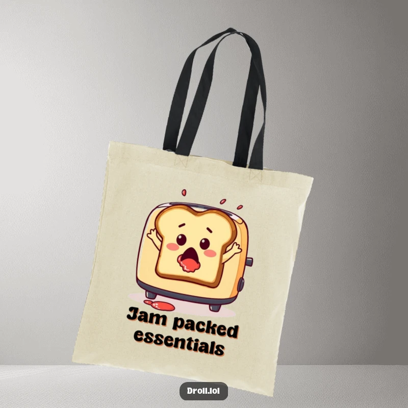 Funny tote bag showing a surprised slice of toast leaping from a toaster with jam splatter, a humorous accessory.