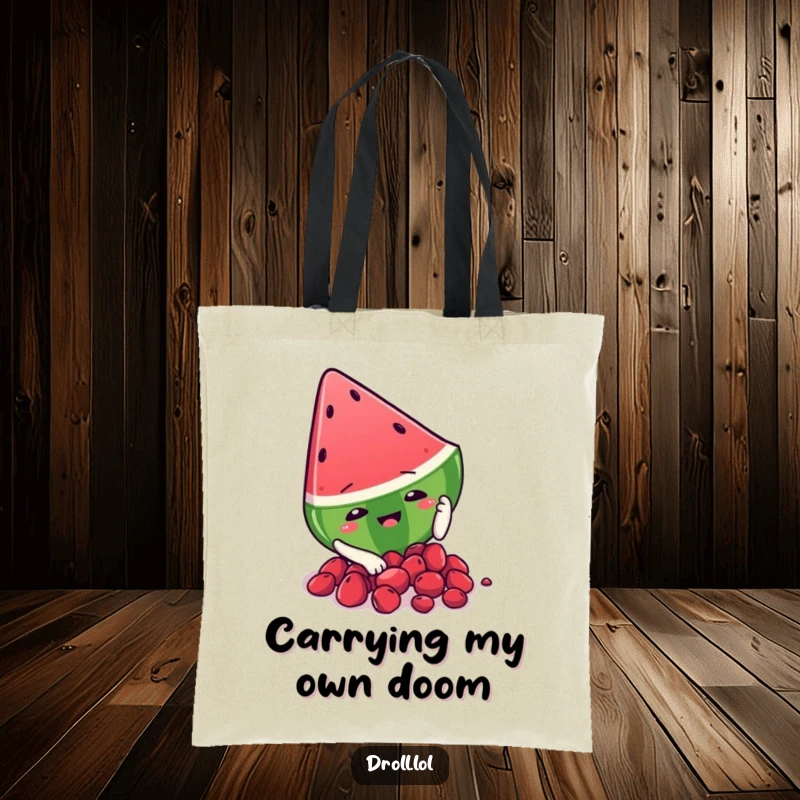 Funny watermelon slice character slipping on its seeds, printed on a tote bag for a humorous and convenient accessory.