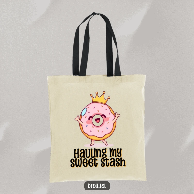 Funny cheerful donut with a tiny crown, doing a silly dance on a tote bag. Sweet and practical.
