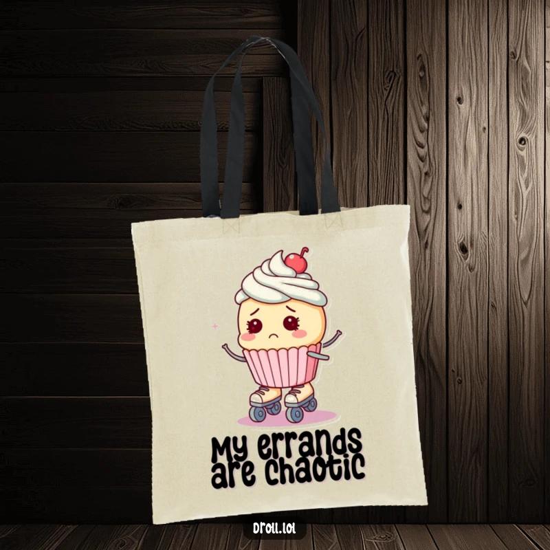 Funny tote bag with a bewildered cupcake attempting to roller skate, looking surprised and off-balance.