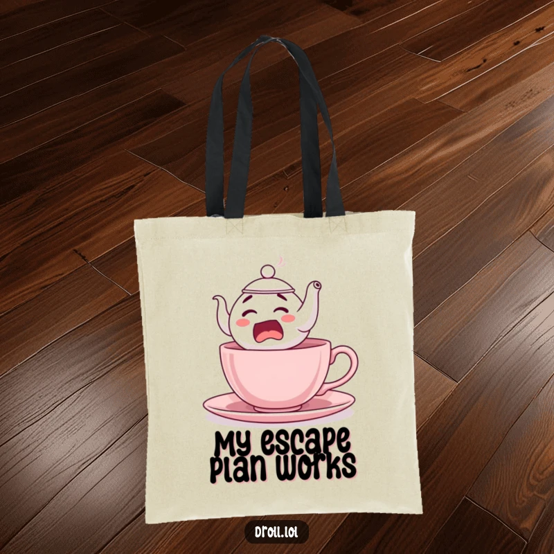 Funny Startled Teapot Tote Bag: A comically surprised teapot character leaping out of a teacup, perfect for carrying groceries and smiles.