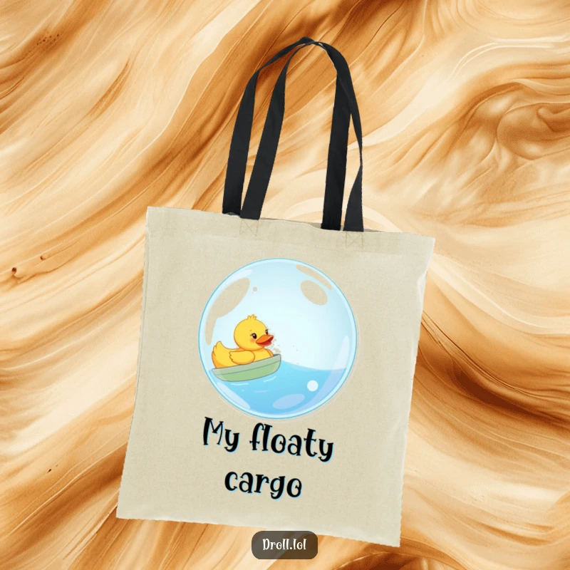 Funny tote bag print: a joyful rubber duck sails within a giant bubble, suggesting a carefree and humorous voyage.