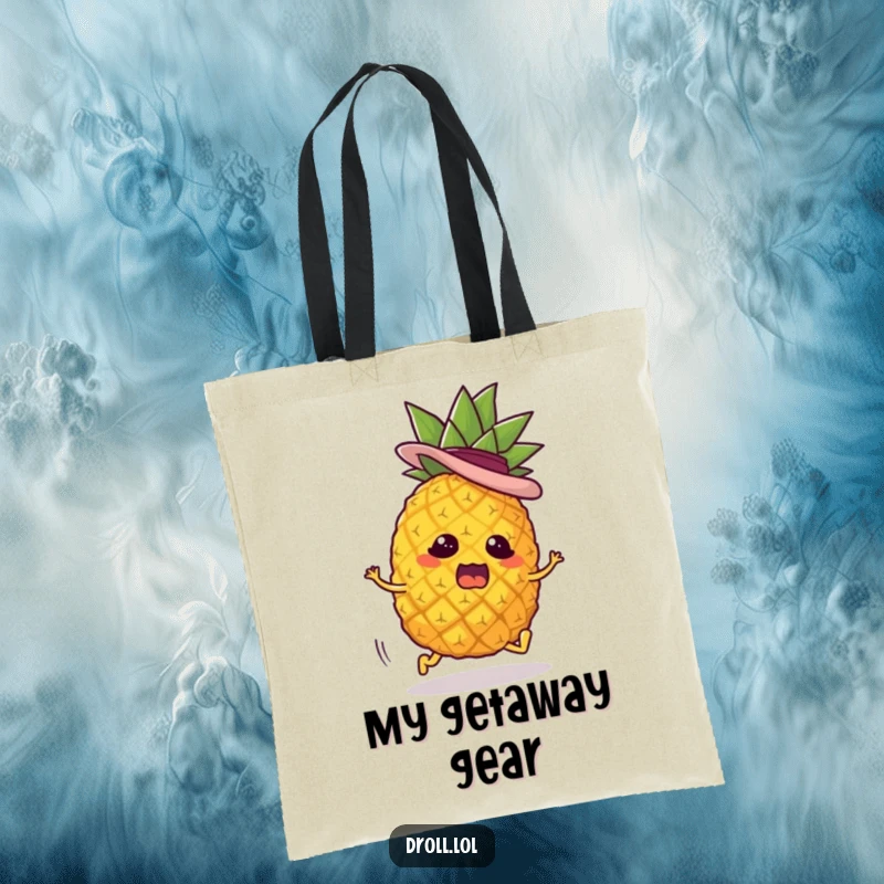 Funny tote bag with a panicked pineapple character on tiny legs, wearing a jaunty hat, making a comical escape. Great for daily use.