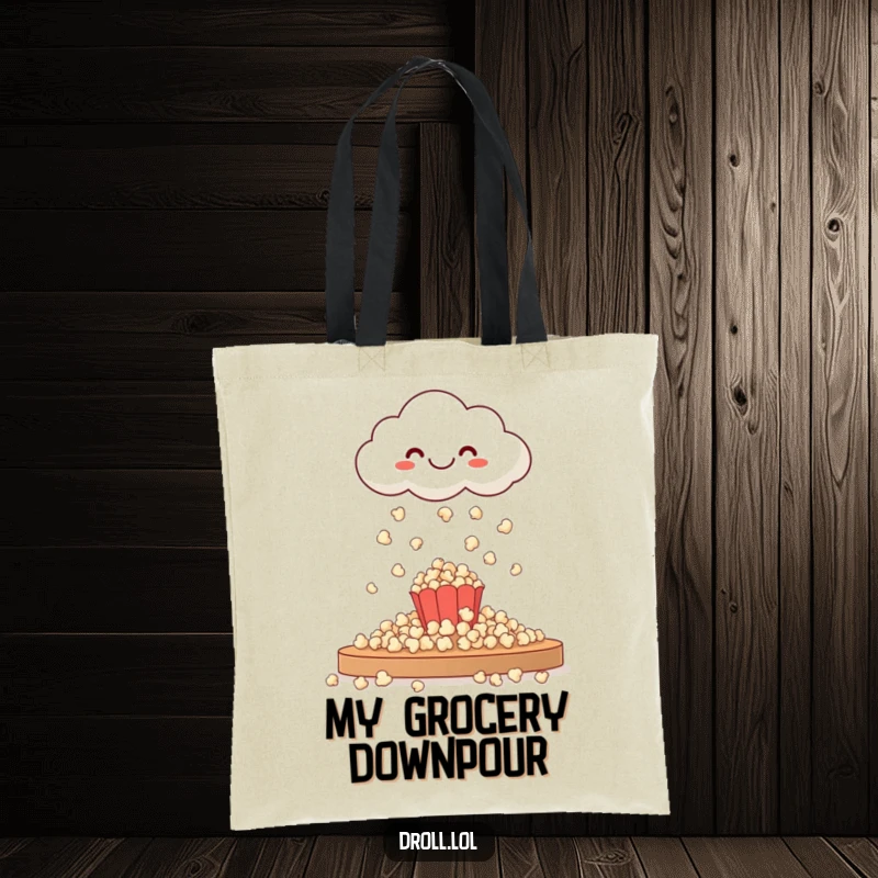 Funny tote bag print: a happy cloud raining popcorn, illustrating a charming and humorous scene for everyday use.
