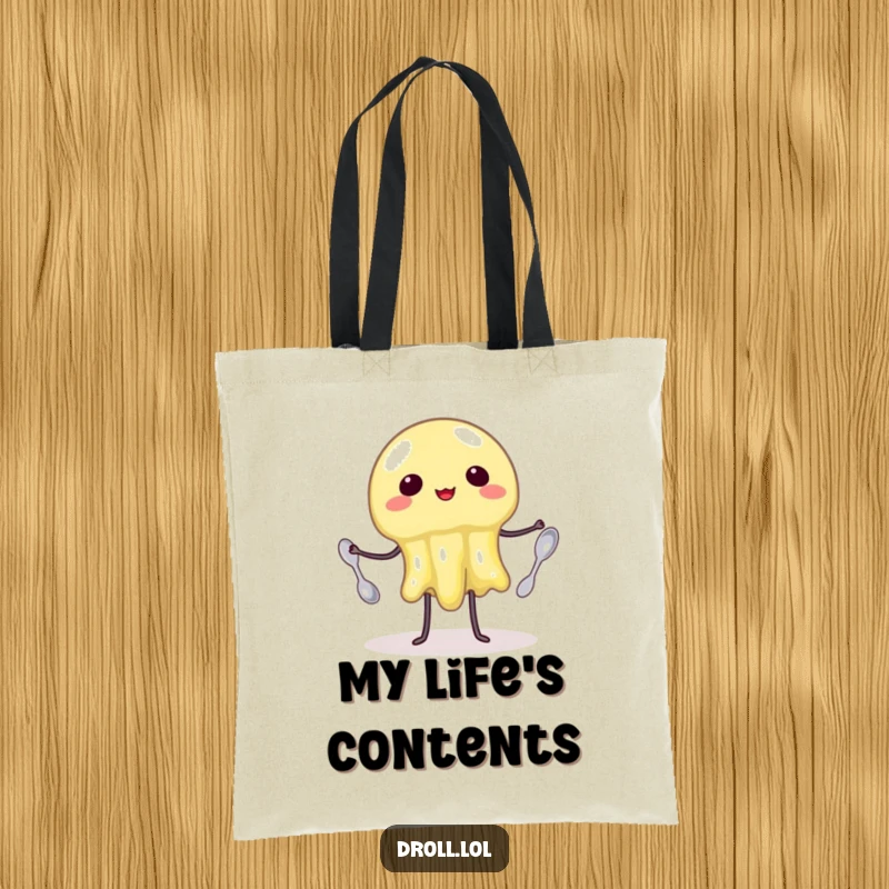 Funny Tote Bag: A wobbly jelly attempting to juggle three tiny spoons with effort. Humorous and functional accessory.