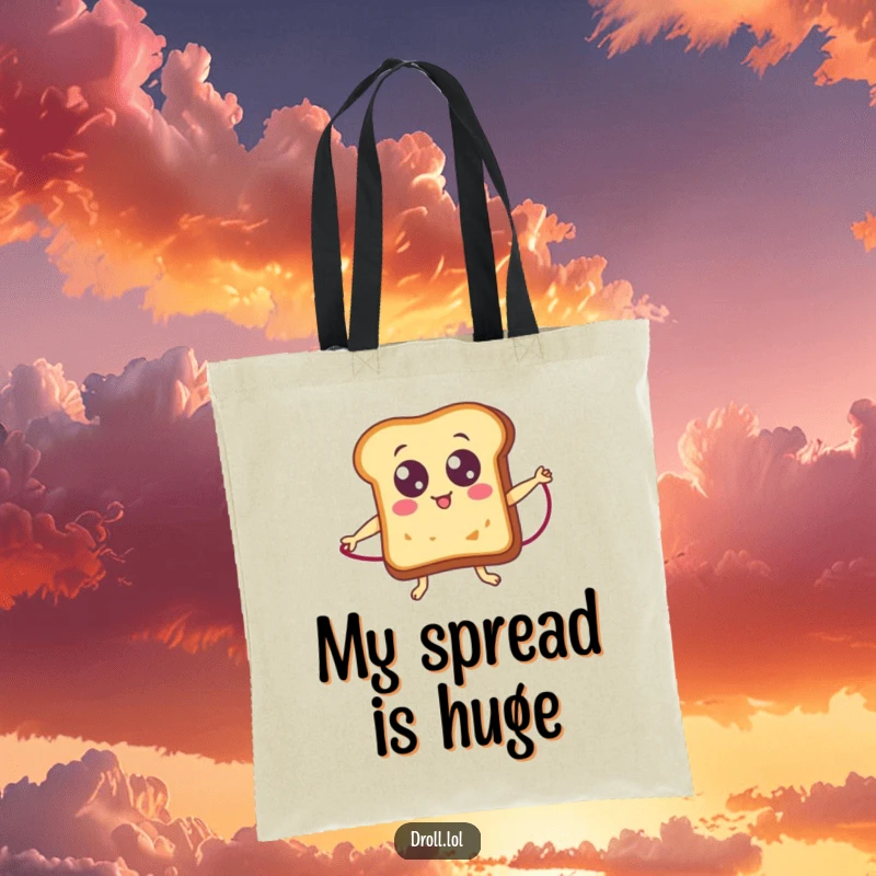 Funny toast with googly eyes jumping rope, a humorous and practical tote bag for carrying groceries or books.